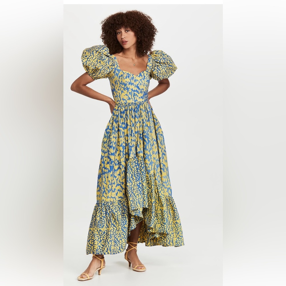 SIKA Blue and Yellow puff sleeve maxi dress - size UK 4